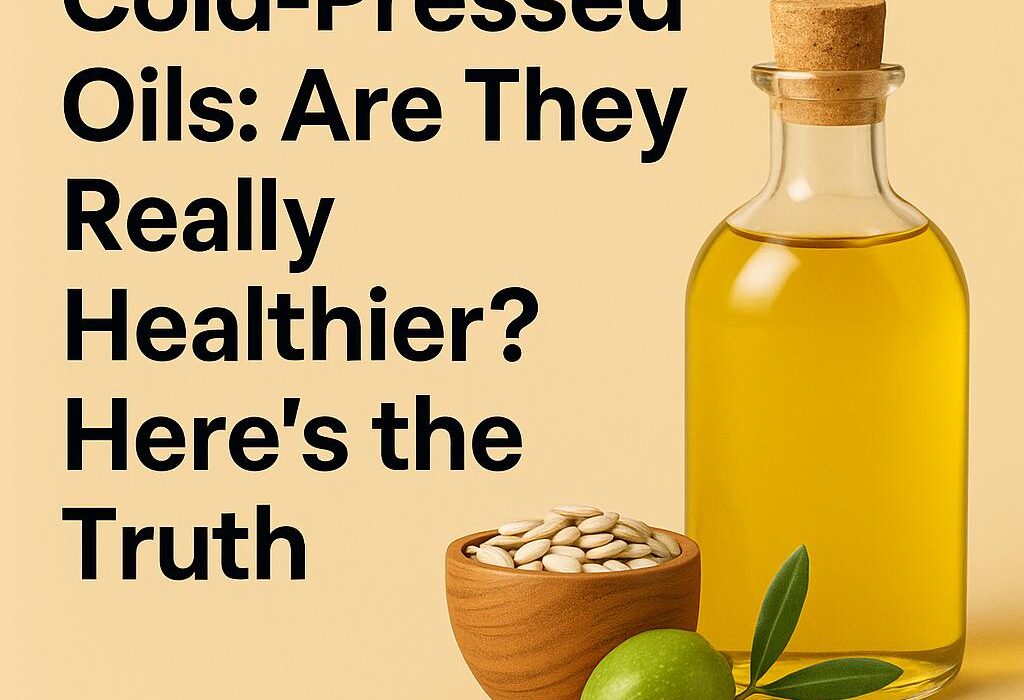 Illustration of cold-pressed oil bottles with natural ingredients like mustard seeds, coconuts, and peanuts – promoting healthy cooking and organic living