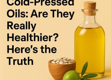 Illustration of cold-pressed oil bottles with natural ingredients like mustard seeds, coconuts, and peanuts – promoting healthy cooking and organic living