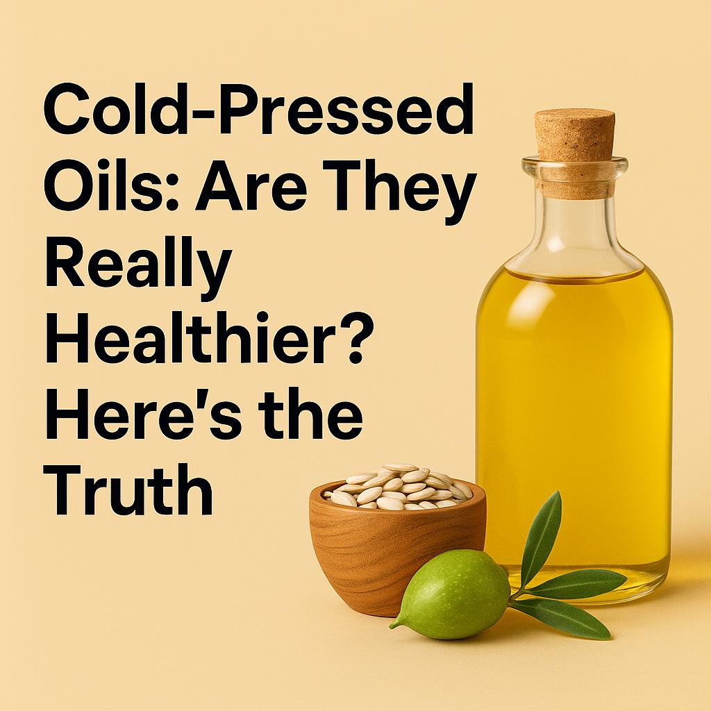 Illustration of cold-pressed oil bottles with natural ingredients like mustard seeds, coconuts, and peanuts – promoting healthy cooking and organic living